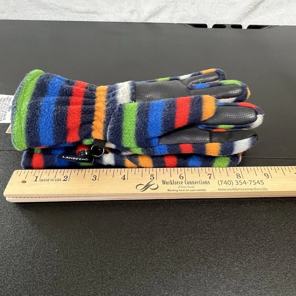 Lands' End Fleece Gloves Kids Size SMALL EZ-Grip Rainbow Stripes Gathered Wrist
